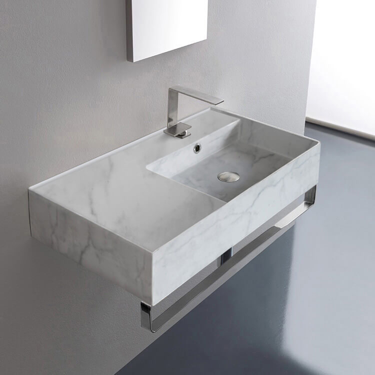Scarabeo 5118-F-TB-One Hole Marble Design Ceramic Wall Mounted Sink With Counter Space, Towel Bar Included